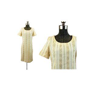 1960s linen dress ivory shift dress with lace inserts embroidery Size S/M